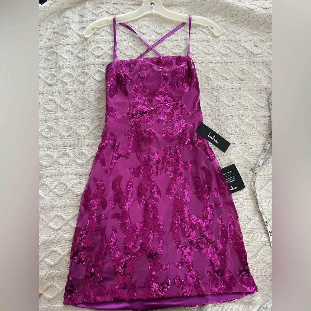 NEW! Lulus Magenta Purple Sequin Shine Lace Up Mini Dress Size Small - Picture 14 of 14
